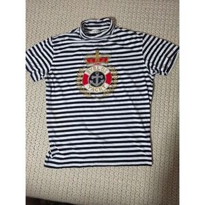 Byblos Yacht Top Womens XL Navy White Striped Good Vintage Mock Neck Italy Crest